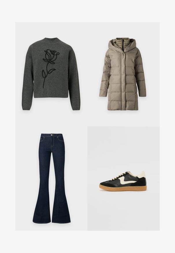 Manteau long rembourré de couleur taupe douce, doté d'une capuche structurée, de coutures verticales et de poches latérales. Fabriqué en matériau lisse et isolant.; Pull en maille à manches longues gris foncé avec un col haut et un design de rose noir brodé au centre avant.; Jean en denim bleu foncé taille haute avec jambes évasées, bouton et zip à l'avant, et conception à cinq poches.; Baskets en daim et cuir noir avec un swoosh latéral crème et un talon crème clair. Dotées de lacets beige et d'une semelle en caoutchouc gomme.