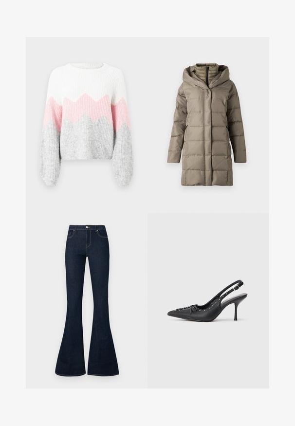 Manteau long rembourré de couleur taupe douce, doté d'une capuche structurée, de coutures verticales et de poches latérales. Fabriqué en matériau lisse et isolant.; Pull en crochet avec un motif en zigzag blanc, rose et gris. Présente des manches longues, une texture côtelée et un col rond. Matériau en tricot doux.; Jean en denim bleu foncé taille haute avec jambes évasées, bouton et zip à l'avant, et conception à cinq poches.; Escarpin en cuir noir à talon aiguille avec un bout pointu, une bride latérale à boucle, des clous le long du bord et un laçage décoratif à l'avant.