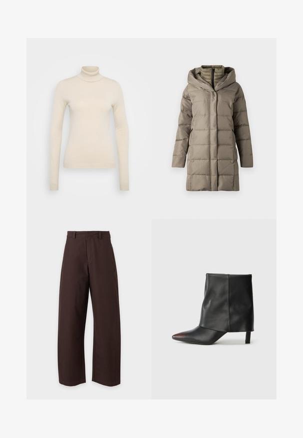 Polstret lang frakke i en dæmpet taupe farve, med en struktureret hætte, lodrette sømme og sidelommer. Lavet af glat, isolerende materiale.; Vero Moda Tall VMHAPPINESS ROLLNECK - Striktrøje - oatmeal; Brune bukser med lige ben, bæltestropper og frontlynlås, vist mod en ensfarvet hvid baggrund.; Sort ankelstøvle lavet af glat læder med spids tå og tilspidset hæl. Overdelen har et let rynket design.