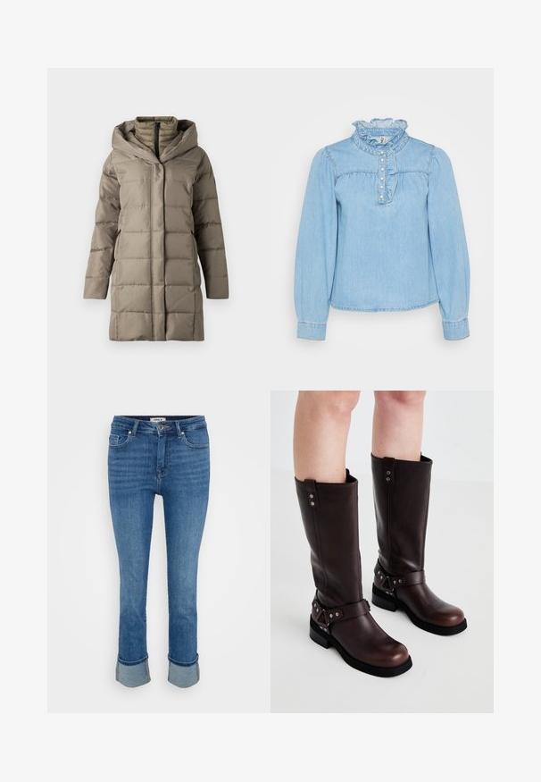 Polstret lang frakke i en dæmpet taupe farve, med en struktureret hætte, lodrette sømme og sidelommer. Lavet af glat, isolerende materiale.; Lyseblå denimbluse med flæset krave, knaplukning fortil og lange ærmer. Har samlet detaljer og blød tekstur.; Blå denim jeans med forlommer, knaplukning og oprullede bukseben på en ensfarvet lys baggrund.; Brune læder knæ-høje støvler med en glat tekstur, der har en bred rem og trekantede metal detaljer samt flade gummisåler.