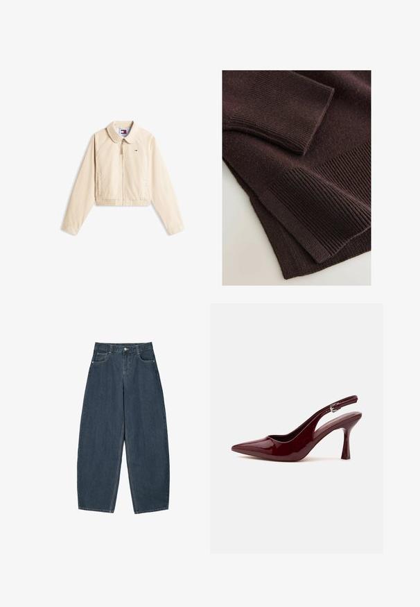 Svetlo béžová bunda na zips s dlhým rukávom, elastickým pásom, špicatým golierom, bočnými vreckami a malým logom Tommy Hilfiger na hrudi.; Tmavohnedý pletený sveter so zúženými manžetami a lemom, ktorý sa vyznačuje textúrovaným povrchom s rôznymi pletenými vzormi.; Tmavomodré denimové nohavice širokého strihu s vysokým pásom, obsahujúce päť vreciek a viditeľné švy. Čistý, minimalistický dizajn.; Lesklý tmavomodrý slamový vysoký podpätok s ostrou špičkou, úzkym nastaviteľným remienkom a zuženým ihličkovým podpätkom na bielom pozadí.