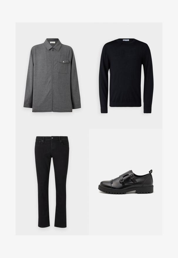 Herregrå lynlåsjakke med krave og enkelt brystlomme med knappelukning, vist på en ensfarvet baggrund.; Sort langærmet rundhalset sweater med ribstrikkede ærmeafslutninger og kant, vist mod en hvid baggrund.; Sorte denimjeans med lige snit, fem-lomme design, metalknaplukning og minimal syning. Glat tekstur hele vejen igennem.; Pier One Business loafers - black