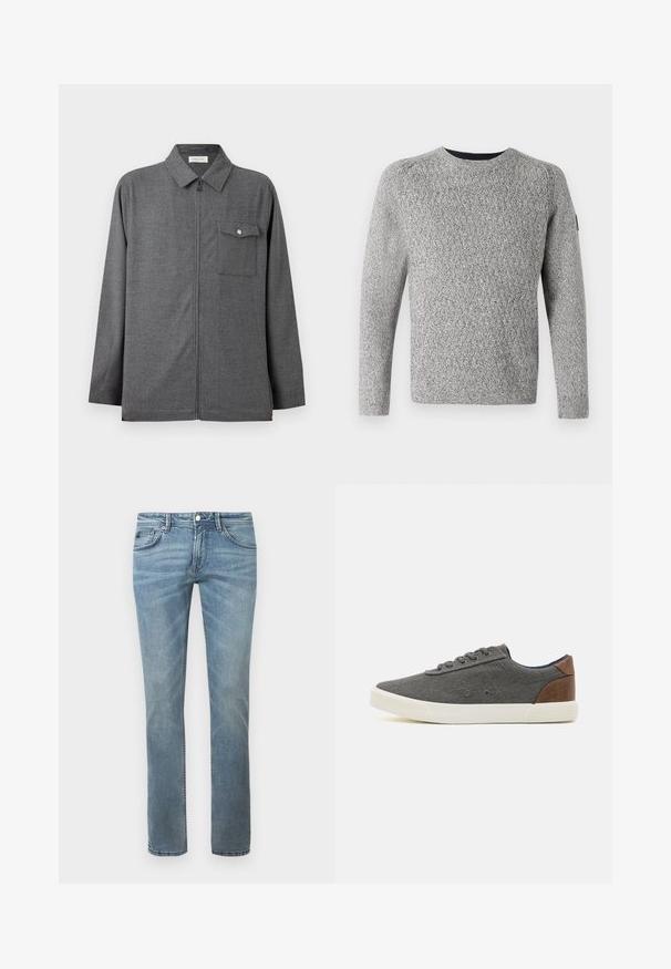 Graue Herrenjacke zum Reißverschluss mit Kragen und einer Brusttasche mit geknöpftem Klappdeckel, auf einfarbigem Hintergrund präsentiert.; TOM TAILOR STRUCTURED MULTICOLOR CREW NECK - Strickpullover - beige/off white; Helle blaue Jeans mit einem geraden Bein-Design, hergestellt aus Denim. Merkmale umfassen Standardtaschen, Gürtelschlaufen und dezente Verblassung.; Graue Leinensneaker mit einer weißen Gummisohle und braunen Lederakzenten an der Ferse, ausgestattet mit grauen Schnürsenkeln und dezenten Nähten.