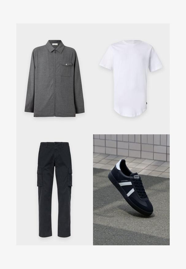 Veste zippée grise pour homme avec col et une poche poitrine unique munie d'un rabat boutonné, présentée sur un fond uni.; T-shirt blanc à manches courtes en coton. Design à col rond avec un ourlet arrondi. Étiquette visible sur le côté inférieur gauche. Texture lisse.; Pantalons cargo noirs en tissu résistant, dotés de deux poches latérales, de jambes droites et d'une fermeture à bouton à la taille.; Sneaker en cuir noir avec des rayures blanches, semelle en caoutchouc texturée et devant à lacets. Présente une étiquette de marque sur la languette.