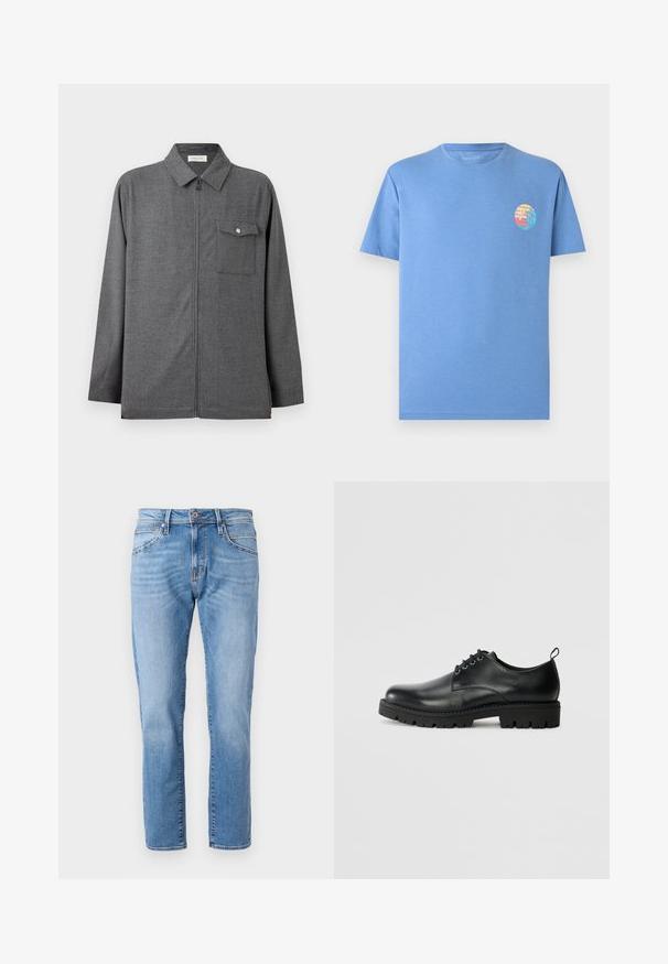Grijze herenjas met rits, kraag en een enkele borstzak met een klep en knoop, getoond tegen een effen achtergrond.; Lichtblauw T-shirt met korte mouwen en een kleine ronde afbeelding van een zonsondergang op het strand en een golf op de linkerborst.; Lichtblauwe denim jeans met een recht model, klassieke vijf-pocketdesign, subtiele vervaging en een contrasterende knoopsluiting bij de taille.; Zwarte lederen schoen met een ronde neus, voorzien van een vetersluiting, stevige zwarte rubberen zool en een klein hieltabje aan de achterkant.