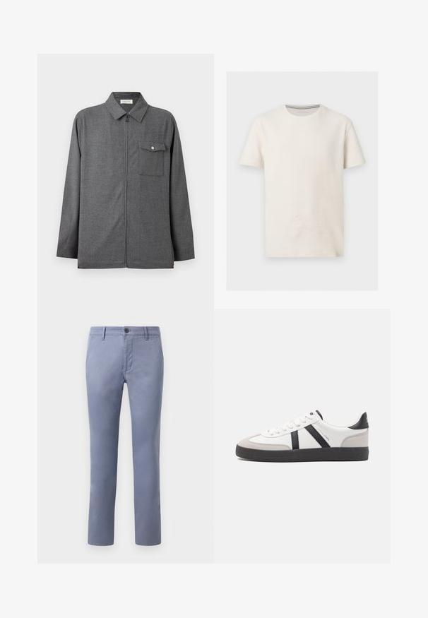 Herregrå lynlåsjakke med krave og enkelt brystlomme med knappelukning, vist på en ensfarvet baggrund.; Kortærmet off-white tekstureret bomulds t-shirt med rund halsudskæring og diskret logo på venstre bryst, vist på grå baggrund.; Lyseblå bomulds-chinos i slim fit med knaplukning, bælteløkker og sidelommer, glat tekstur og lige ben.; Hvide sneakers med sorte og grå detaljer, med en tekstureret grå tåhætte, sort gummisål og flade hvide snørebånd. Rent design, minimalistisk stil.