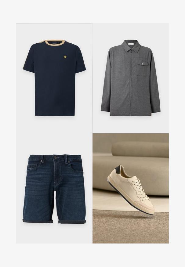 Herregrå lynlåsjakke med krave og enkelt brystlomme med knappelukning, vist på en ensfarvet baggrund.; Mørkeblå t-shirt lavet af bomuld med rund halsudskæring og korte ærmer. Har en sandfarvet kant og et lille guld broderet logo.; Mørkeblå denim shorts med opbrettede manchetter, der har forlommer, knaplukning og mærke på baglommen.; Beige lædersneaker med sort hælaccent, rund snude og flad gummisål. Har ton-i-ton syninger og snørelukning.