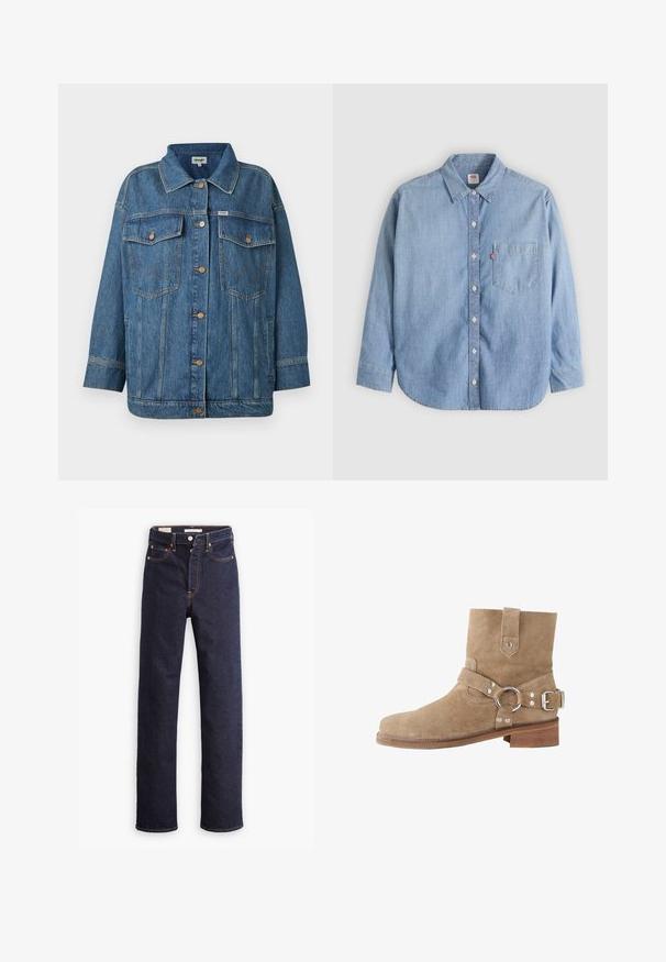 Blå denimjakke med knaplukning, to brystlommer med flap, sidelommer og kontrastbånddetaljer.; Lyseblå denimskjorte med button-down-krave, forlompe og lange ærmer. Har en buet kant og en subtil tekstur.; Mørkeblå straight-leg denim jeans med fem lommer og synlig orange syning på hvid baggrund.; Ruskindsankelstøvle i beige med en rundet tå, justerbar rem med en metalring og en lav træhæl. Jævn tekstur over hele støvlen.