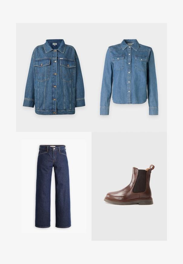 Blaues Denim-Jackett mit Knopfvorderseite, zwei Brusttaschen mit Klappen, Seitentaschen und kontrastierenden Nähten.; Die Denim-Hemd zeichnet sich durch einen hellblauen Farbton, einen klassischen Kragen und zwei Brusttaschen aus. Es hat Druckknöpfe und lange Ärmel mit Knopfmanschetten.; Dunkelblaue Jeans mit hoher Taille, weitem Bein und dezentem orangem Nähgarn. Mit einer Frontknopf- und Reißverschlussöffnung.; Braune Leder-Chelsea-Stiefel mit elastischen Seitenpaneelen, runder Zehenform und geripptem Textur. Verfügt über eine Zuglasche und eine dicke, strapazierfähige Sohle.