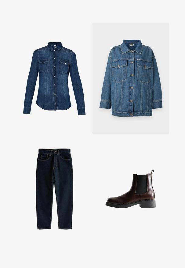 Blauwe spijkerjacket met knopenfront, twee knoop-flap borstzakken, zijzakken en contrasterende stikseldetails.; Donkerblauw denim overhemd, met een knoopsluiting aan de voorkant, een puntige kraag en twee borstzakken met klep. Lange mouwen met knoopsluiting.; Next COLUMN TALL - Jeans Tapered Fit - rinse blue; Bruine leren enkelboot met elastische zijpanelen, ronde neus en een gestructureerde zwarte rubberen zool. Heeft contrasterende stiksels en een lusje aan de achterkant.