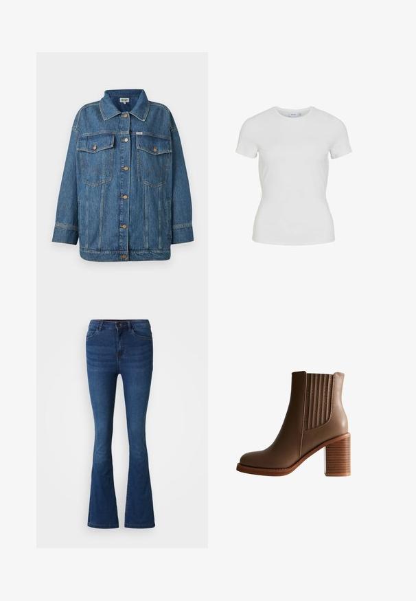 Blauwe spijkerjacket met knopenfront, twee knoop-flap borstzakken, zijzakken en contrasterende stikseldetails.; Witte nauwsluitende T-shirt met korte mouwen en een ronde hals, met een klein merkje aan de binnenkant van de halslijn.; Donkerblauwe spijkerbroek met flared pijpen, met voor- en achterzakken, knoop- en ritssluiting, en vervaagde details op de dijen en knieën.; Bruine leren enkelboot met gestapelde blokhak en elastische zijpanelen voor makkelijke instap, weergegeven in profielweergave op een witte achtergrond.