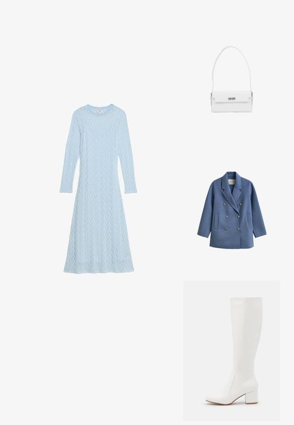 Manteau bleu en laine à double boutonnage avec un col cranté, orné de boutons dorés et deux poches latérales, texture lisse, coupe ajustée.; Robe longue à manches longues bleu clair en tissu tricoté texturé, avec un col rond. Présente une silhouette fluide et un motif subtil.; Bottes blanches jusqu'au genou avec une finition lisse et brillante. Talon carré et détails de couture subtils sur le côté.; Sac à main rectangulaire blanc avec une poignée unique sur le dessus et une fermeture à twist-lock argentée sur le rabat avant.