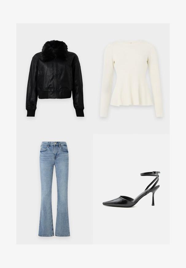 Zwarte leren cropped jack met een nepbonten kraag, geribde manchetten en tailleband. Voorzien van een ritssluiting aan de voorkant en zijzakken.; Langsleeve, geribbelde trui in off-white met een ronde halslijn en uitlopende zoom. Zachte textuur met een getailleerd lijfje en vloeiende onderkant.; Lichtblauwe denim jeans met een hoge taille, een knoop- en ritsluiting aan de voorkant, vijf zakken en licht uitlopende pijpen.; Zwarte pumps met puntige neus, dunne enkelbandjes en een zilveren gesp op een effen lichte achtergrond.