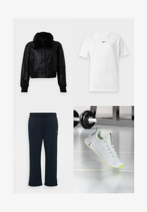Zwarte leren cropped jack met een nepbonten kraag, geribde manchetten en tailleband. Voorzien van een ritssluiting aan de voorkant en zijzakken.; Wit T-shirt met korte mouwen en een ronde hals, met een klein zwart Nike Swoosh-logo centraal vlakbij de kraag.; Zwarte sweatpants met een elastische tailleband en verstelbaar trekkoord. Heeft een klein wit Nike-logo aan de linkerkant. Zachte textuur van de stof.; Witte sportieve schoen met een geprofileerde mesh bovenkant, een dikke zool met neon gele accenten en reflecterende grijze details op de hiel.