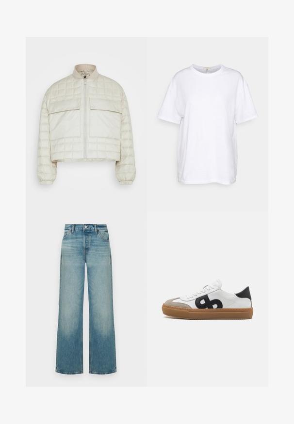 Cremefarvet cropped pufferjakke med quiltet tekstur, frontlynlås, to store snap-knaplommer og ribbede manchetter.; Hvid kortærmet t-shirt lavet af bomuld. Har en rund hals og en afslappet pasform med en glat tekstur og ingen synlige mønstre eller detaljer.; Lyseblå højtaljede vidde jeans med forreste knap- og lynlås-lukning samt forlommer, vist på en ensfarvet baggrund.; Hvide lærreds sneakers med sort logo, suedelæderdetaljer og gummisål. Har flade hvide snørebånd og en rund tådesign.
