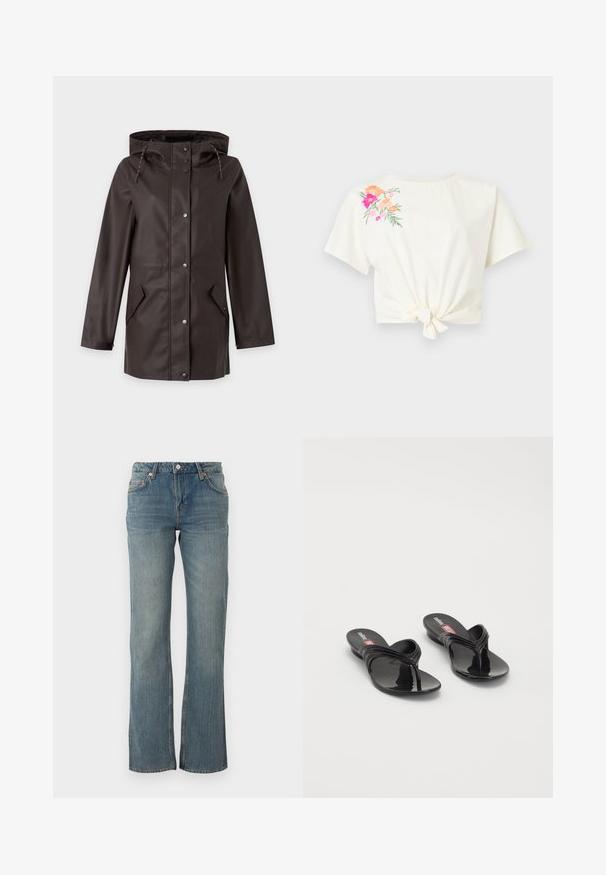 Impermeable con capucha de color marrón oscuro, con botones de presión delanteros y dos bolsillos con solapa inclinada a cada lado.; Top corto blanco de manga corta con nudo frontal y bordado floral en rosa y naranja en el hombro izquierdo.; Los pantalones vaqueros de denim azul claro presentan un corte recto, un diseño de cinco bolsillos y detalles de metal en color cobre. La tela tiene un acabado ligeramente texturizado.; Melissa QUANTUM THONG X DIESEL - Sandalias de dedo - black