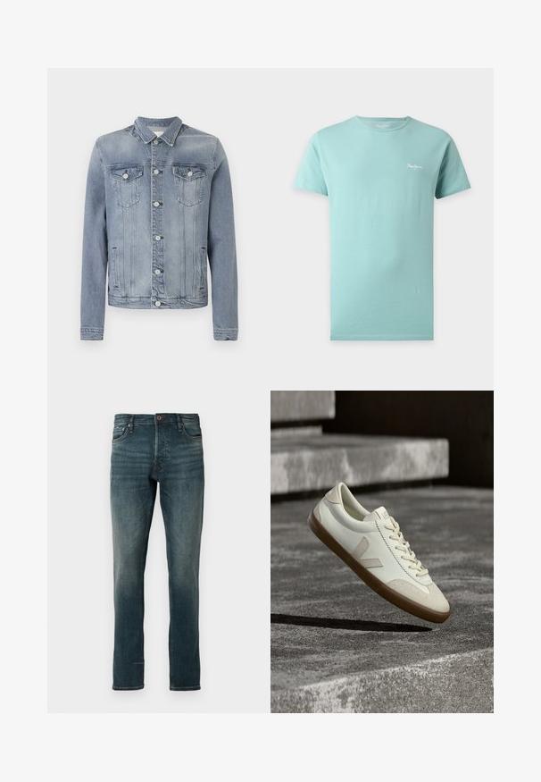 Lyseblå denimjakke med knappelukning foran, to brystlommer med knapper og sidelommer med slidser, vist på en ensfarvet baggrund.; Lyseblå T-shirt med korte ærmer og rund hals med lille hvid Pepe Jeans-logo på venstre bryst, vist på en ensfarvet baggrund.; Mørkeblå slim-fit jeans med fem lommer og knaplukning, vist mod en ensfarvet hvid baggrund.; Hvide læder sneakers med tanfarvet gummisål, flade snørebånd og V-formet detalje på siden. Har en glat overflade og minimale syninger.