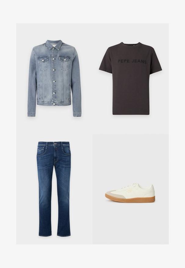 Hellblaue Jeansjacke mit Knopfleiste, zwei Brustklappentaschen mit Knöpfen und seitlichen Schlitztaschen, vor einfachem Hintergrund präsentiert.; Dunkelgraues T-Shirt aus Baumwolle mit kurzen Ärmeln und Rundhalsausschnitt. "PEPE JEANS" ist vorne in Schwarz geprägt.; Dunkelblaue Straight-Leg-Jeans mit vorderem Knopf, Reißverschluss und Fünf-Taschen-Design.; Sneaker aus weißem Leder mit einer beigen Zehenkappe und leichter brauner Gummisohle. Verfügt über flache weiße Schnürsenkel und geprägtes Branding an der Seite.