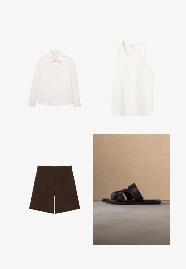 Off-white overhemdjack met lange mouwen, een kraag en drie vo pockets, waaronder één borstzak.; Wit geribd mouwloos hemd met een ronde hals en een rechte zoom, afgebeeld op een effen achtergrond.; Donkerbruine knielange op maat gemaakte shorts met riemlussen en voorplooien, plat weergegeven op een witte achtergrond.; Zwarte leren slip-on sandaal met drie gekruiste bandjes, platte zool en een gladde textuur, boven een geweven natuurlijk vezel tapijt.