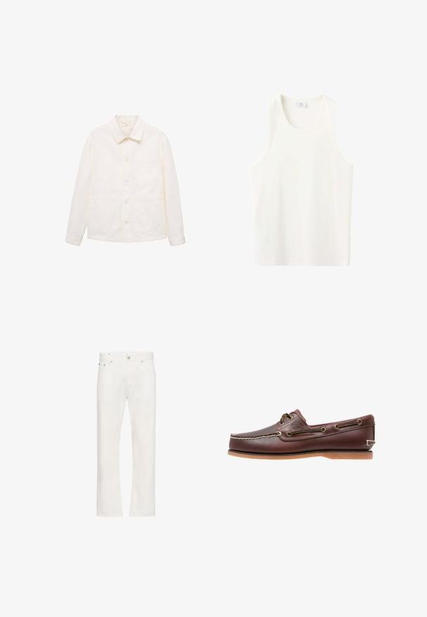 Off-white overhemdjack met lange mouwen, een kraag en drie vo pockets, waaronder één borstzak.; Wit geribd mouwloos hemd met een ronde hals en een rechte zoom, afgebeeld op een effen achtergrond.; Witte denim jeans met een rechte pasvorm, vijf pockets design en zichtbare stiksels. Voorzien van een knoopsluiting en riemlussen.; Bruine leren bootschoen met witte stiksels, veterdetails en beige rubberen zool, zijaanzicht op een witte achtergrond.