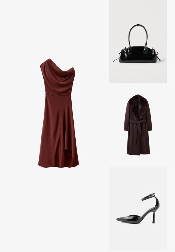 Manteau bordeaux avec col en fourrure, doté d'une taille ceinturée, de manches longues et d'une coupe droite, confectionné dans un tissu doux et texturé.; Robe midi asymétrique en satin bordeaux avec une épaule dénudée, un col drapé et un détail subtil de fronces sur le côté de la jupe.; Escarpin à talon haut en cuir verni noir à bout pointu avec bride à la cheville et boucle argentée, talon stiletto, vue de côté sur fond uni.; Petit sac à main noir brillant avec deux longues anses et des détails à cordon sur les côtés sur un fond clair uni.