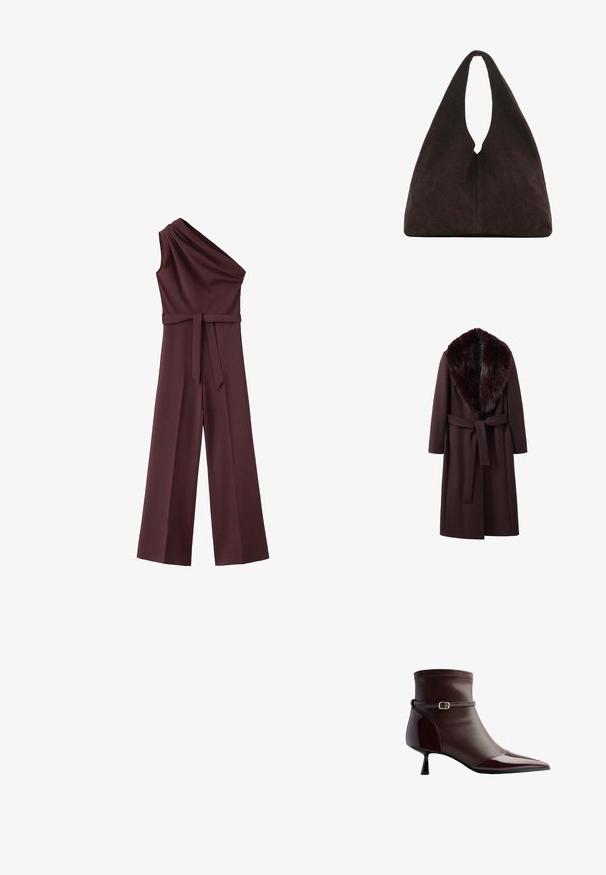 Vinrød frakke med pelskrave, med bælte i taljen, lange ærmer og en lige snit, lavet af blødt, struktureret stof.; Ærmeløs bordeaux jumpsuit med én skulder, plisseret top, brede ben og et stofbælte bundet ved taljen.; Brune læder ankelstøvle med spidse tæer, lille kittenhæl og en tynd rem med en lille guldbuckle rundt om anklen.; Blød mørkebrun trekantet skuldertaske med ét bredt håndtag øverst og en glat overfladestruktur.