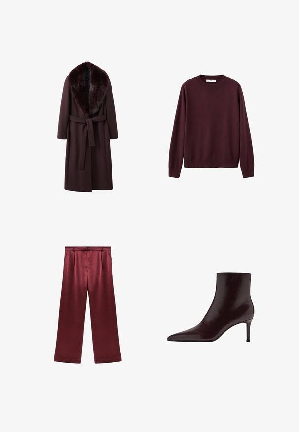 Manteau bordeaux avec col en fourrure, doté d'une taille ceinturée, de manches longues et d'une coupe droite, confectionné dans un tissu doux et texturé.; Pull en maille bordeaux avec col rond, manches longues, poignets et ourlet côtelés. Texture lisse, design minimaliste, sans motifs ni ornements.; Pantalons larges bordeaux en satin avec une texture lisse, dotés d'une taille haute et de deux poches latérales pour un détail fonctionnel.; Bottine en cuir bordeaux avec un bout pointu, un design épuré et un haut talon aiguille. Texture lisse avec un discret grain.