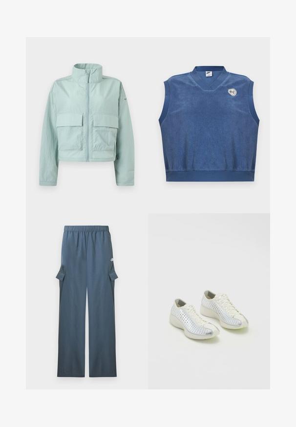 Lichtblauwe cropped jas met hoge kraag, ritssluiting aan de voorkant en twee grote klepzakken op de borst.; Mouwloos blauw Nike terrycloth vest met V-hals kraag en klein wit-blauw geborduurd logo op de bovenste linkerborst.; Donkerblauwe wijde cargobroek met elastische tailleband en klepzakken aan de zijkanten, met merklogo op de bovenkant van het bovenbeen.; Nike Sportswear AIR SUPERFLY - Sneakers laag - pale ivory/silver-coloured