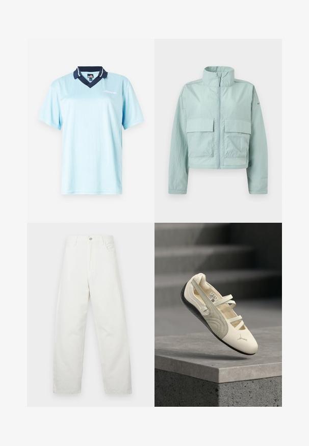 Veste courte bleu clair avec col montant, fermeture éclair à l'avant et deux grandes poches à rabat sur la poitrine.; Polo bleu clair à manches courtes avec un col navy. Rayures verticales et logo en accent à l'avant. Tissu lisse et léger.; Jean blanc à jambes larges en coton, avec un design classique à cinq poches et une fermeture à bouton métallique à la taille. Texture lisse.; Ballerine sneaker blanche et grise avec trois bandes élastiques et semelle noire, présentée en suspension au-dessus d'un rebord en béton.