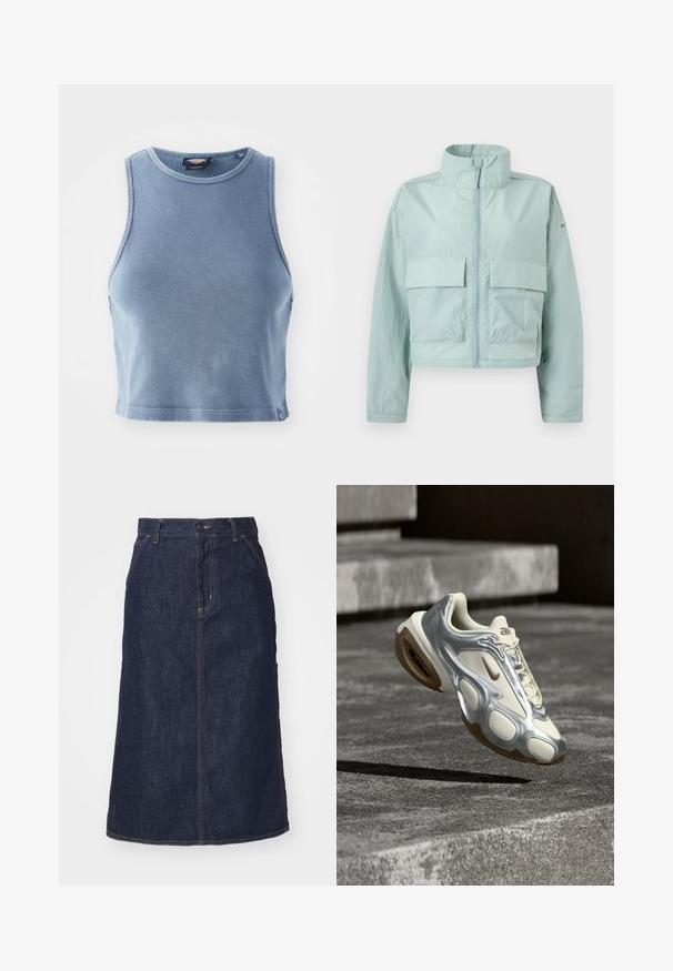 Hellblaue kurze Jacke mit hohem Kragen, Frontreißverschluss und zwei großen Klappentaschen auf der Brust.; Helles blaues, geripptes Crop-Top mit Rundhalsausschnitt und ärmellosem Design. Glatte Textur und ein kleines Logodetail am Saum.; Dunkelblaue Jeansrock mit hoher Taille, geradem Schnitt, aufgesetzten Taschen und genähten Nähten. Mit einem Reißverschluss und einem Knopfverschluss an der Taille.; Cremefarbener und metallisch silberner Sportschuh schwebt über Betontreppen, ausgestattet mit braunen Gummisohlen und Nike-Logo.