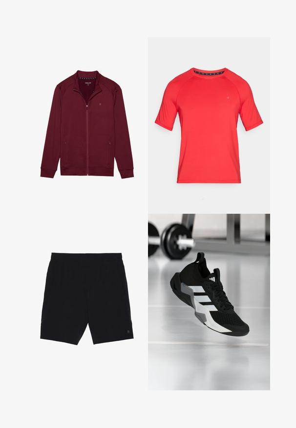 Veste zippée bordeaux à manches longues, en tissu doux et texturé, avec deux poches latérales et un col montant. Présente un petit logo sur la poitrine.; T-shirt de sport rouge à manches courtes avec un col rond, présentant des manches raglan et un petit logo sur le devant.; Shorts noirs en tissu léger, avec une taille élastique, deux poches latérales et un petit logo en bas à droite.; Chaussure de sport noire avec une tige en mesh, des rayures blanches et des accents gris. Dotée d'un col rembourré et d'une semelle en caoutchouc. Adaptée pour une utilisation en salle de sport.