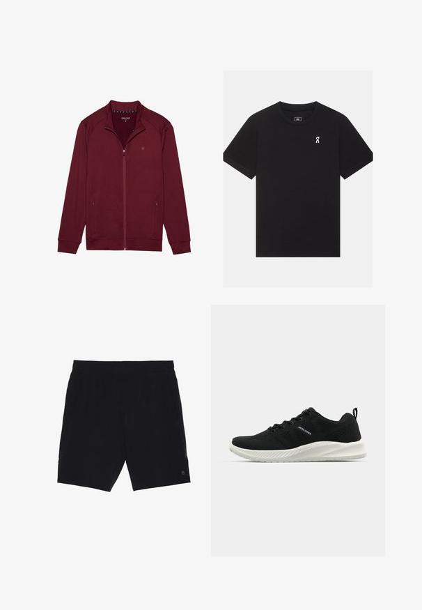 Veste zippée bordeaux à manches longues, en tissu doux et texturé, avec deux poches latérales et un col montant. Présente un petit logo sur la poitrine.; T-shirt noir à manches courtes et col rond avec un petit logo blanc "on" sur la poitrine gauche sur fond gris clair.; Shorts noirs en tissu léger, avec une taille élastique, deux poches latérales et un petit logo en bas à droite.; Chaussures de sport noires avec un dessus en maille texturée, semelle blanche contrastante et design incurvé. Présente un système de laçage et un détail de logo.