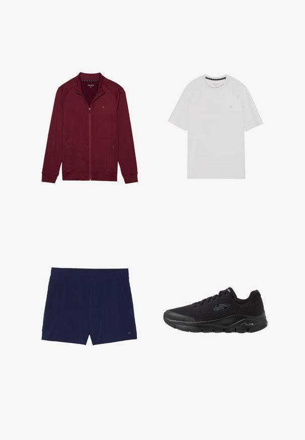 Chaqueta burdeos con cierre de cremallera, mangas largas, tejido suave y texturizado, dos bolsillos laterales y cuello alto. Presenta un pequeño logo en el pecho.; Camiseta blanca de manga corta con cuello redondo, que presenta mangas raglán, un logo sutil en el pecho y un ribete de color contrastante en el cuello.; Bañadores azul marino hechos de tejido ligero, con una cinturilla elástica y dos bolsillos laterales para almacenamiento.; Zapatilla deportiva negra con parte superior de malla transpirable, suela acolchada y la marca "ArchFit" en el lateral. Suelas texturizadas para un mejor agarre.