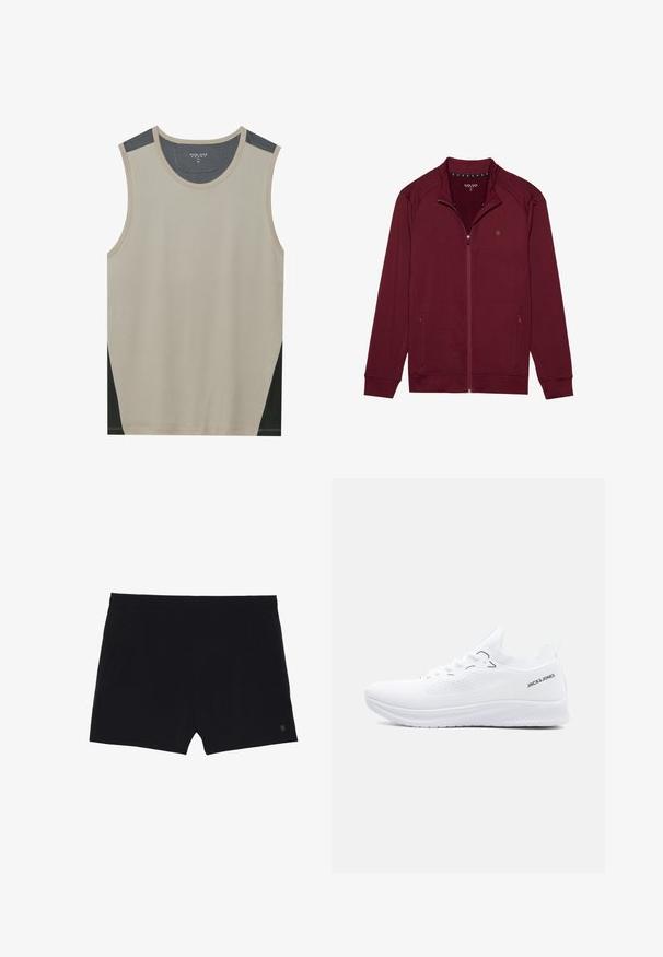 Burgundi värvi lukuga jakk pika varrukaga, pehme tekstuuriga kangas, kaks küljetaskut ja püsti seisev krae. Ees on väike logo rinnal.; Beige ilma varrukatega tank top tumehallide õlavarrekaunistustega ja mustade külgpaneelidega. Sile tekstuur ümmarguse kaelusega.; Mustad sportlikud lühikesed püksid siledast materjalist, elastse vöökohtaga ja kahe küljetaskuga. Esiplaanil on väike logo paremal alumises nurgas.; Valge madala lõikega kudumjalats tekstuurse tallaga, ees paelu ja "JACK & JONES" logo kanna korraribal.