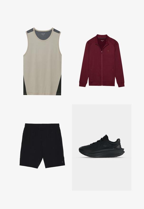 Burgunderfarvet zip-jakke med lange ærmer, blødt tekstureret stof, to sidelommer og en opretstående krave. Har et lille logo på brystet.; Beige ærmeløs tanktop med mørkegrå skulderdetaljer og sorte sidelapper. Glat tekstur med en rund halsudskæring.; Sorte shorts lavet af letvægtsstof, med elastisk talje, to sidelommer og et lille logo på nederste højre side.; Sort atletiksneaker med tyk sål, snørebånd, perforeret overdelsmateriale og subtilt brandlogo på siden, vist i sideprofil.