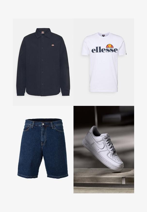 Sort skjortejakke med spidse kraver, der har et lille logo på venstre bryst, lavet af glat stof med mat finish.; Hvid bomulds t-shirt med et mørkeblåt "ellesse" logo og et farverigt halvcirkeldesign ovenfor. Kortærmet og med en klassisk pasform.; Mørkeblå denimshorts med lige snit, almindelig talje og metalknaplukning; har kontrasterende gul syning og kant.; Hvid læder Nike Air Force 1 sneaker med perforeret tå, flade snørebånd og tekstureret gummisål med "AIR" branding på siden.