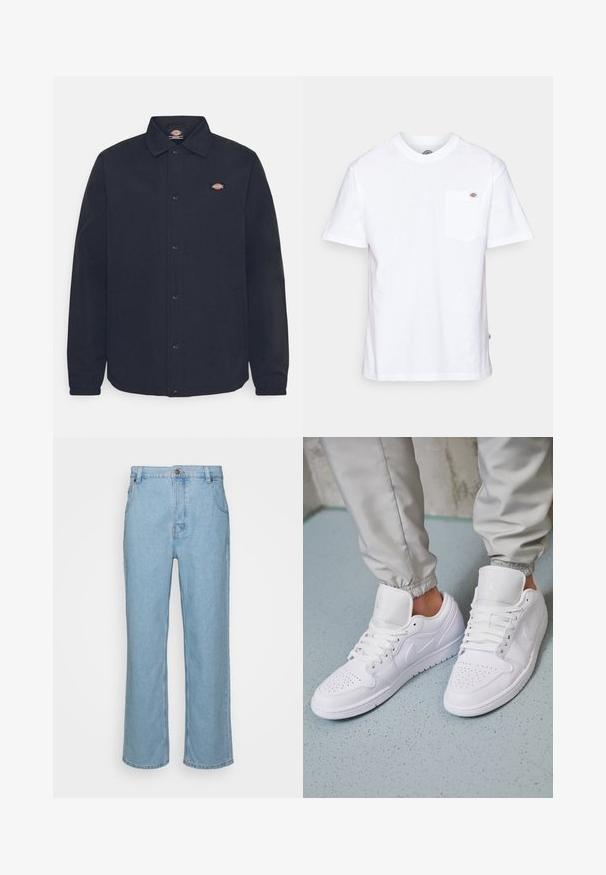 Zwarte button-up jas met een puntige kraag, met een klein logo op de linkerborst, gemaakt van gladde stof met een matte afwerking.; Witte katoenen t-shirt met een ronde hals, korte mouwen en een borstzak met een klein merklogo aan de linkerkant.; Lichtblauwe denim jeans met een recht pijpdesign, met een knoopsluiting, riemlussen en twee voorzakken.; Witte leren sneakers met een geperforeerde neus, platte veters, een gepolsterde kraag en het Jordan-logo op de tong. Gediend met grijze joggers.