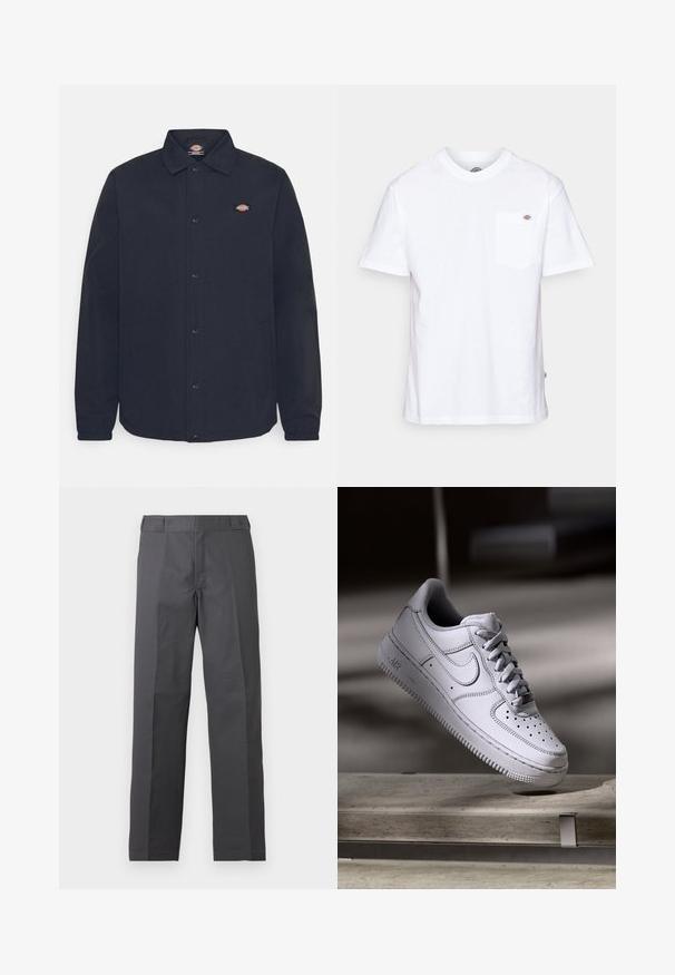 Veste noire à boutons avec un col pointu, dotée d'un petit logo sur la poitrine gauche, confectionnée en tissu lisse avec une finition mate.; T-shirt en coton blanc avec un col rond, des manches courtes et une poche poitrine arborant un petit logo de la marque sur le côté gauche.; Pantalon gris foncé à jambes droites avec un devant plat et sans poches visibles, présenté sur un fond blanc uni.; La basket Nike Air Force 1 en cuir blanc présente un embout perforé, des lacets plats et une semelle en caoutchouc texturée avec le logo « AIR » sur le côté.