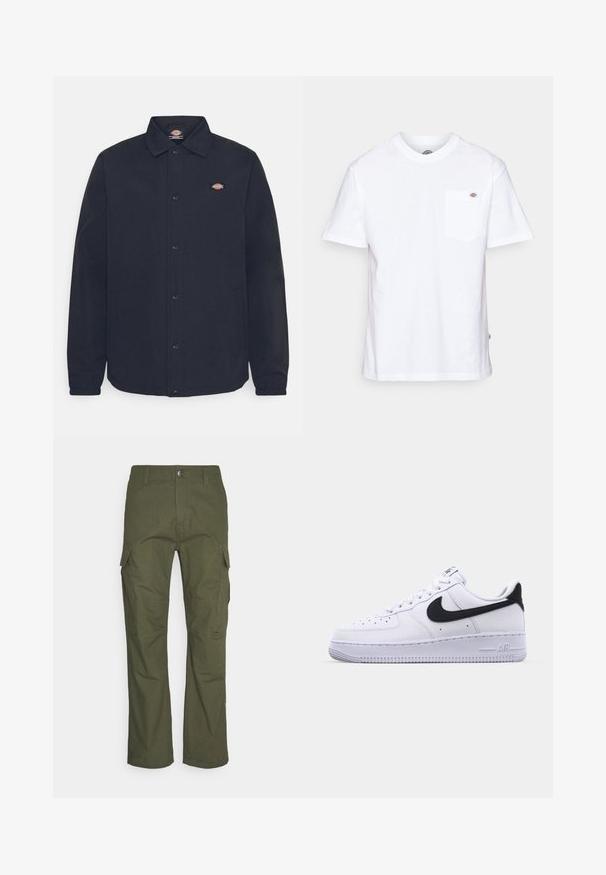 Chaqueta negra de botones con cuello puntiagudo, que presenta un pequeño logo en el lado izquierdo del pecho, hecha de una tela suave con acabado mate.; Camiseta de algodón blanca con cuello redondo, mangas cortas y un bolsillo en el pecho que presenta un pequeño logotipo de la marca en el lado izquierdo.; Pantalones cargo en verde oliva oscuro, con múltiples bolsillos laterales, un corte recto y una tela resistente con un acabado texturizado.; Zapatilla blanca de cuero con un Swoosh negro texturizado, cordones planos y una suela de goma con un patrón estriado. "AIR" está grabado en el talón.