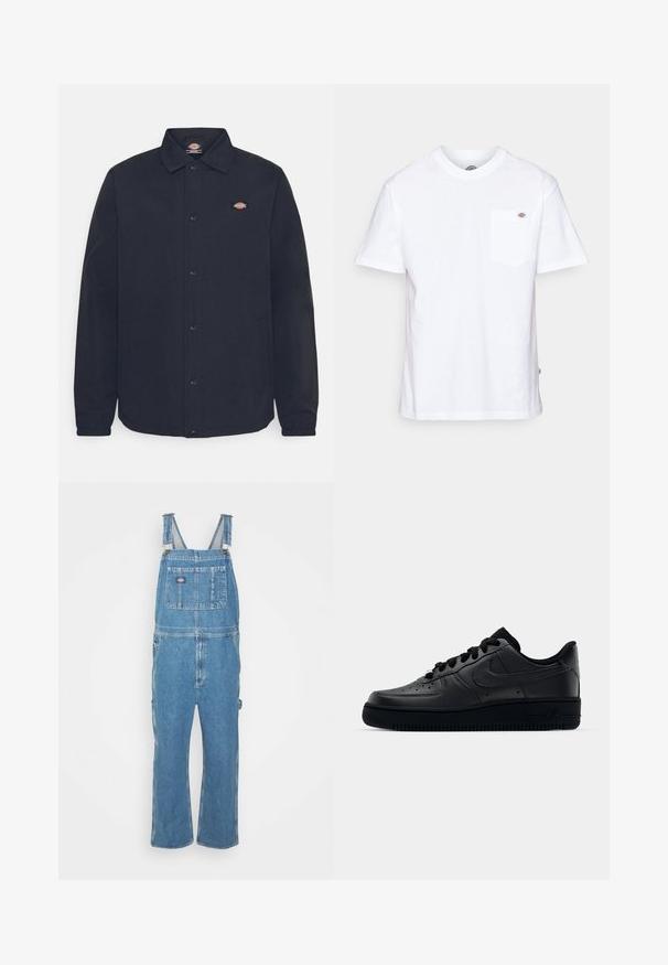 Schwarze Button-Up-Jacke mit spitzem Kragen, mit einem kleinen Logo auf der linken Brust, aus glattem Stoff mit matter Oberfläche.; Weißes Baumwoll-T-Shirt mit Rundhalsausschnitt, kurzen Ärmeln und einer Brusttasche, die auf der linken Seite ein kleines Markenlogo aufweist.; Jeanslatzhosen in Hellblau mit verstellbaren Trägern, einer Vorderasche und Seitentaschen. Lockere Passform mit geraden Beinen, aus Baumwollstoff gefertigt.; Schwarzer Nike Air Force 1 Schuh mit einem glatten Lederoberteil, perforierter Zehenpartie für Atmungsaktivität, schwarzen Schnürsenkeln und einer strukturierten Gummisohle.