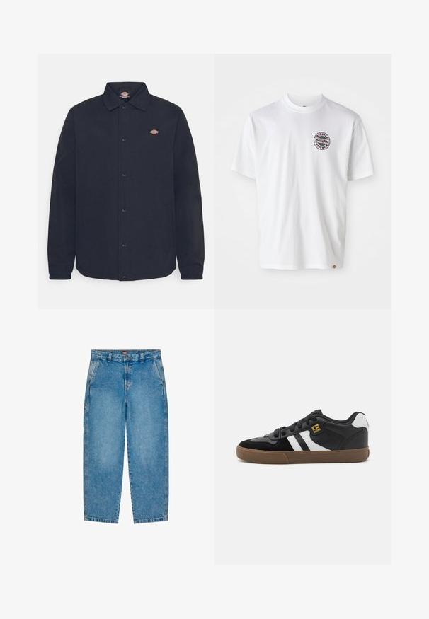 Chaqueta negra de botones con cuello puntiagudo, que presenta un pequeño logo en el lado izquierdo del pecho, hecha de una tela suave con acabado mate.; Camiseta de algodón blanca con un logo redondo en el pecho. Cuello redondo, mangas cortas, corte relajado, con acentos en rojo y negro.; Jeans de mezclilla azul claro con un diseño de pierna recta. Tiene bolsillos delanteros, una cremallera y costuras en contraste a lo largo de las costuras.; Zapatillas en blanco y negro con parte superior de ante y cuero, que presentan franjas blancas, cordones negros y una suela de goma marrón. Acentos de logo dorados.