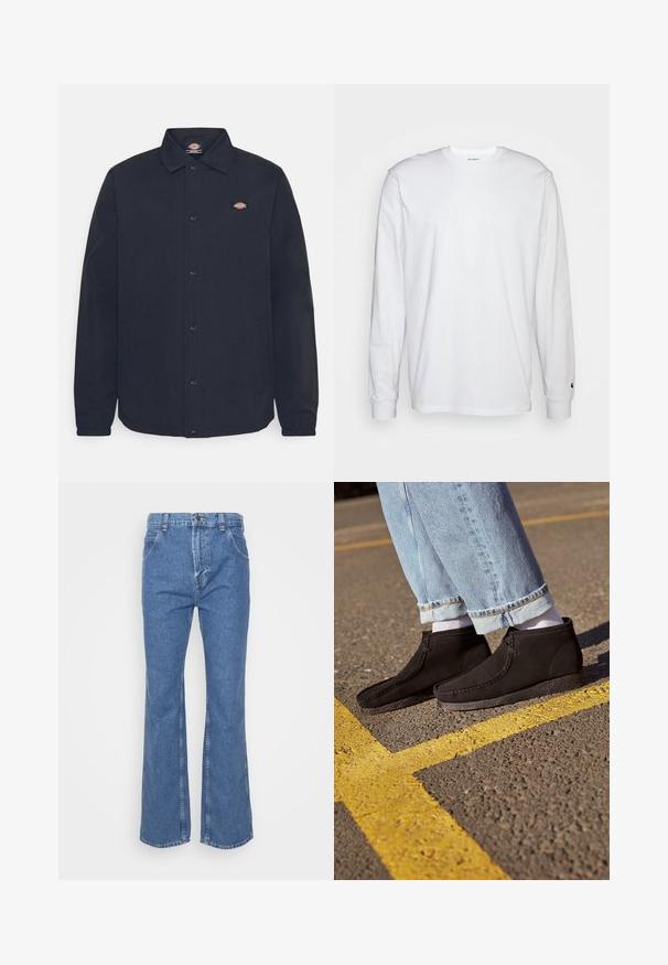 Schwarze Button-Up-Jacke mit spitzem Kragen, mit einem kleinen Logo auf der linken Brust, aus glattem Stoff mit matter Oberfläche.; Weißes Langarm-T-Shirt aus Baumwolle. Rundhals-Design mit gerippten Bündchen und kleinem Logo auf dem linken Ärmel. Glatte Textur.; Blaue Jeans mit weitem Bein und hoher Taille, ausgestattet mit Gürtelschlaufen, Fronttaschen und einem klassischen Knopfverschluss. Glatte Textur, gerade Nähte.; Schwarze Wildleder-Ankle-Boots mit glatter Textur, abgerundetem Zeh und genähten Details. Kombiniert mit hellblauen, hochgekrempelten Jeans und weißen Socken.