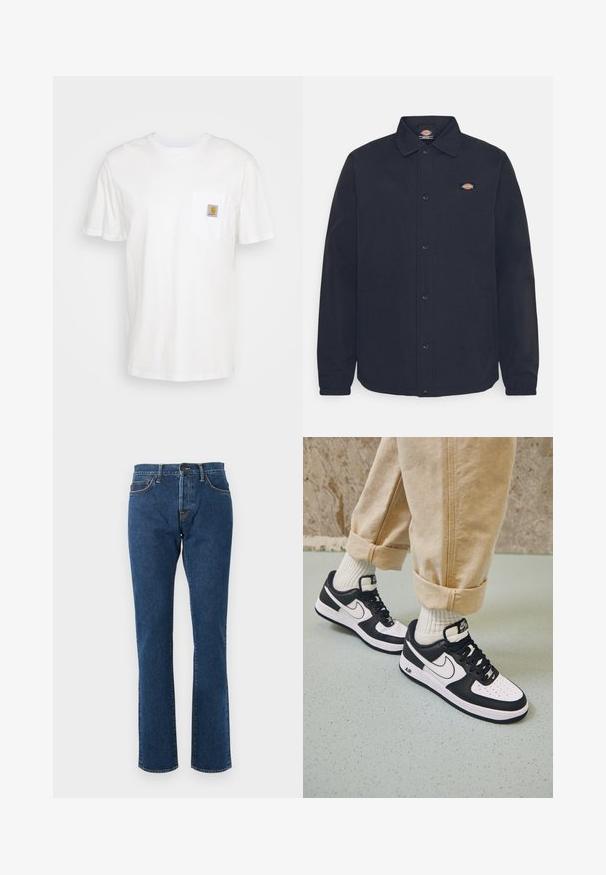 Schwarze Button-Up-Jacke mit spitzem Kragen, mit einem kleinen Logo auf der linken Brust, aus glattem Stoff mit matter Oberfläche.; Weißes Baumwoll-T-Shirt mit kurzen Ärmeln, einer Brusttasche und einem kleinen quadratischen Logopatch in Orange und Weiß auf der Tasche.; Straight-leg Jeans aus blauem Denim mit fünf Taschen, Knopfverschluss und sichtbaren Nähten auf neutralem Hintergrund.; Schwarz-weiße Nike Air Force 1 Sneaker mit einem Obermaterial aus Leder, perforierter Zehenpartie und strukturiertem Sohlendesign, getragen mit aufgerollten beigen Hosen und weißen Socken.