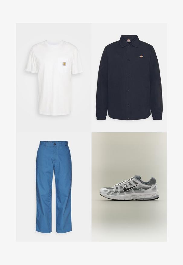 Schwarze Button-Up-Jacke mit spitzem Kragen, mit einem kleinen Logo auf der linken Brust, aus glattem Stoff mit matter Oberfläche.; Weißes Baumwoll-T-Shirt mit kurzen Ärmeln, einer Brusttasche und einem kleinen quadratischen Logopatch in Orange und Weiß auf der Tasche.; G-STAR MODSON STRAIGHT - Stoffhose - rank blue; Weißer und grauer Nike P-6000 Sneaker mit schwarzem Swoosh, Netzpaneelen und strukturierter Sohle, seitlich auf neutralem Hintergrund dargestellt.