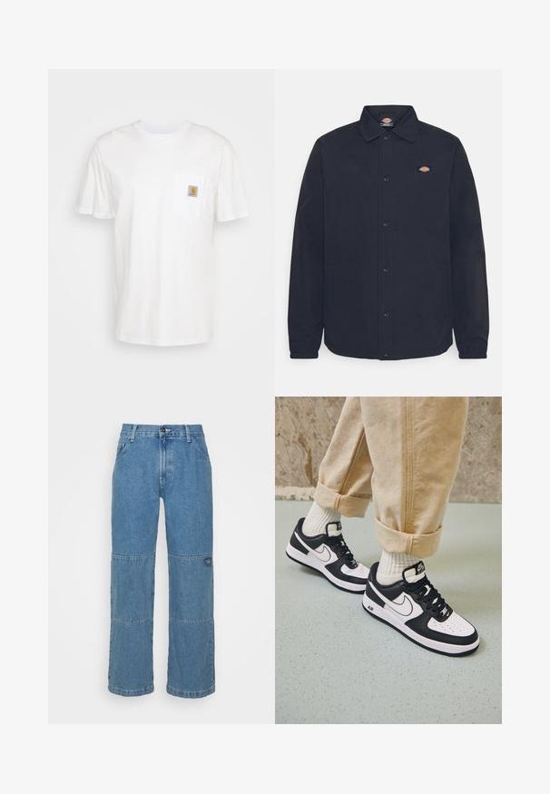 Schwarze Button-Up-Jacke mit spitzem Kragen, mit einem kleinen Logo auf der linken Brust, aus glattem Stoff mit matter Oberfläche.; Weißes Baumwoll-T-Shirt mit kurzen Ärmeln, einer Brusttasche und einem kleinen quadratischen Logopatch in Orange und Weiß auf der Tasche.; Helle blaue Jeans aus Denim mit lockerer Passform, ausgestattet mit Patchwork-Einsätzen, Knopfverschluss, Fünf-Taschen-Design und dezentem Branding am Bein.; Schwarz-weiße Nike Air Force 1 Sneaker mit einem Obermaterial aus Leder, perforierter Zehenpartie und strukturiertem Sohlendesign, getragen mit aufgerollten beigen Hosen und weißen Socken.