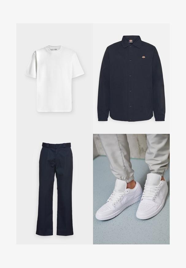 Schwarze Button-Up-Jacke mit spitzem Kragen, mit einem kleinen Logo auf der linken Brust, aus glattem Stoff mit matter Oberfläche.; Schlichtes weißes T-Shirt mit kurzen Ärmeln und Rundhalsausschnitt, flach auf einem hellgrauen Hintergrund liegend mit einem kleinen Markenlabel im Halsausschnitt.; Marineblaue Hose mit geradem Bein, aus einem glatten Stoff gefertigt, mit einem Standardbund und ohne sichtbare Muster oder Beschläge.; Weiße Ledersneaker mit perforierter Zehenbox, flachen Schnürsenkeln, gepolstertem Kragen und dem Jordan-Logo auf der Zunge. Getragen mit grauen Jogginghosen.