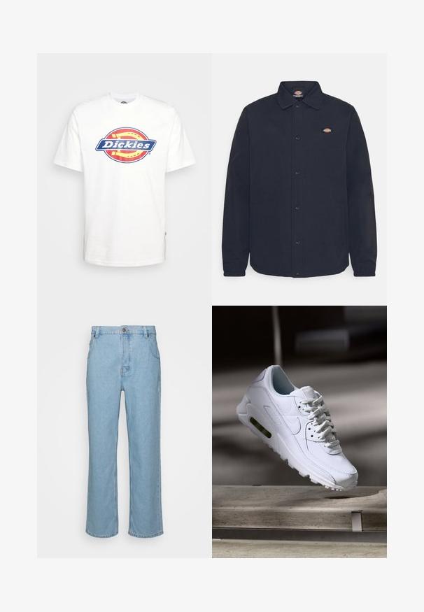 Sort skjortejakke med spidse kraver, der har et lille logo på venstre bryst, lavet af glat stof med mat finish.; Hvid bomulds t-shirt med et blåt og rødt cirkulært "Dickies" logo i midten. Korte ærmer og rund hals design.; Lysblå denim jeans med lige ben design, der har knaplukning, bæltestropper og to forlommer.; Hvide lædersneakers med teksturerede overflader, polstret krave og synlig luftpolstring i sålen. Har snørrebånd og et minimalistisk design.