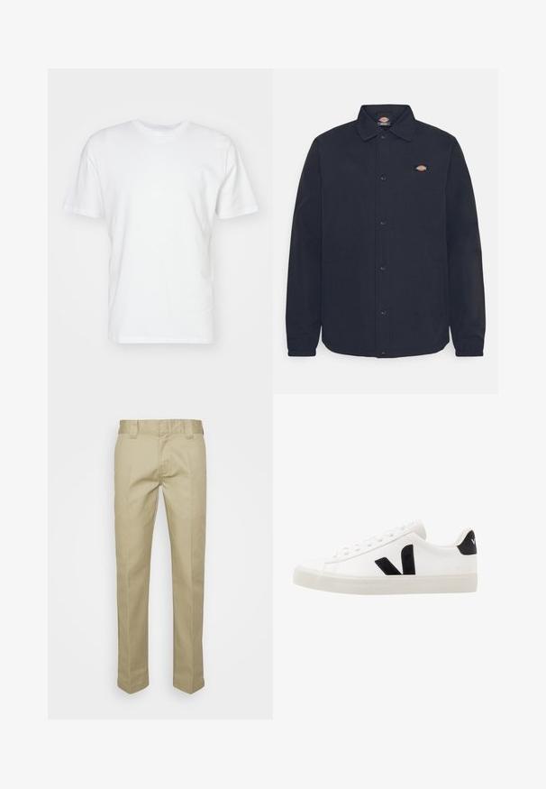 Veste noire à boutons avec un col pointu, dotée d'un petit logo sur la poitrine gauche, confectionnée en tissu lisse avec une finition mate.; T-shirt en coton blanc à manches courtes, encolure ronde et texture lisse. Design simple sans motifs ni graphiques.; Pantalon beige en tissu lisse, présentant une coupe droite, des passants de ceinture et des lignes de maintien à l'avant pour une allure soignée.; Sneaker blanche en cuir avec des accents en daim noir ; dispose d'une semelle en caoutchouc, d'un bout rond et d'un design classique à lacets. Logo latéral en noir.