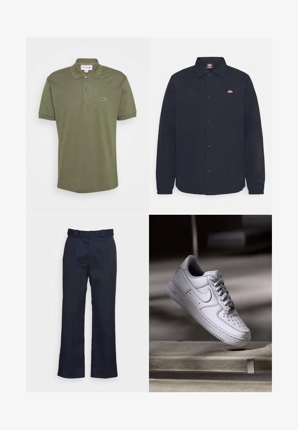 Chaqueta negra de botones con cuello puntiagudo, que presenta un pequeño logo en el lado izquierdo del pecho, hecha de una tela suave con acabado mate.; Polo de color verde oliva, de manga corta, con tapeta de dos botones, cuello acanalado, que presenta un logotipo bordado de Lacoste en el lado izquierdo del pecho. Material de algodón.; Pantalones azul marino con un diseño de pierna recta, hechos de una tela suave, con una cinturilla estándar y sin patrones o herrajes visibles.; Zapatilla Nike Air Force 1 de cuero blanco que presenta una puntera perforada, cordones planos y una suela de goma texturizada con la marca "AIR" en el lateral.