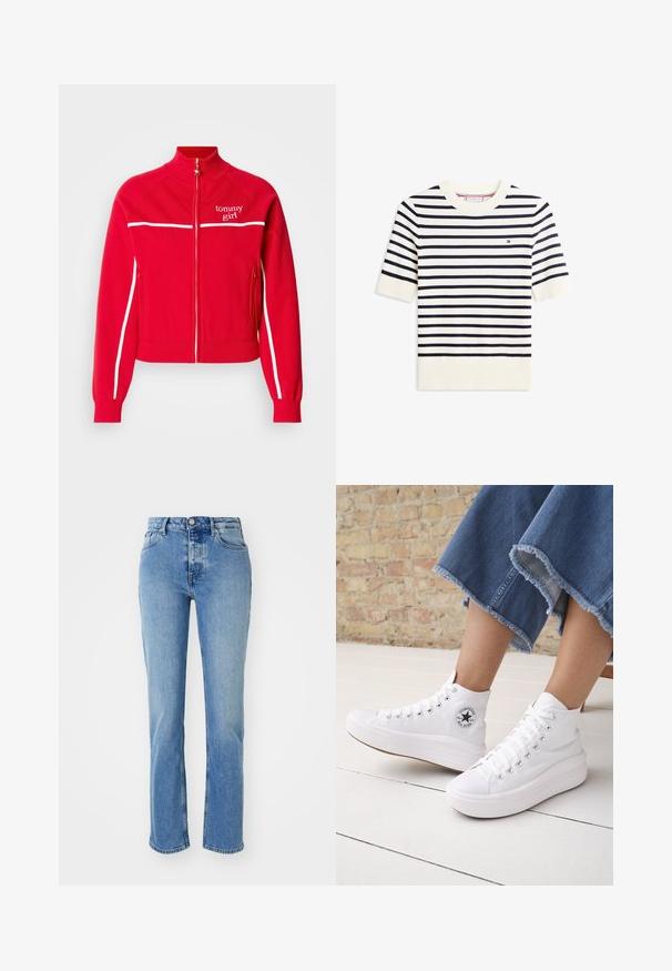 Rode ritsjack gemaakt van zacht materiaal. Heeft witte strepen langs de schouders en zijnaad, met het "tommy girl" logo op de borst. Staande kraag.; Witte gebreide top met korte mouwen, zwarte horizontale strepen en een klein rechthoekig logo op de bovenste linkerborst.; Lichtblauwe denim rechtlopende jeans met een hoge taille, vijf zakken en subtiele wassing aan de voorkant.; Persoon draagt witte hoge Converse-sneakers met dikke zolen en korte jeans met rafelige zoom tegen een bakstenen muur en witte vloer.